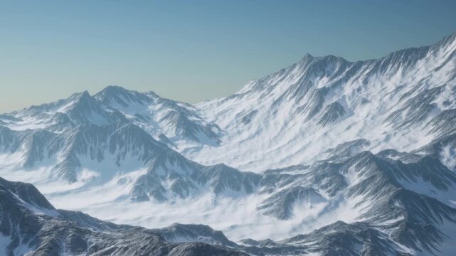 Snow covers the mountains and valleys in a vast landscape under a clear blue sky. The peaks rise sharply with a mix of snow and rock, showing the natural beauty of the area.