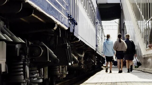 View of three young people walking along a train platform beside a long passenger train displaying multiple train cars and railway track under bright daylight at station.