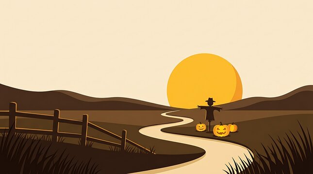 Halloween landscape with pumpkins scarecrow and sunset  vector illustration
