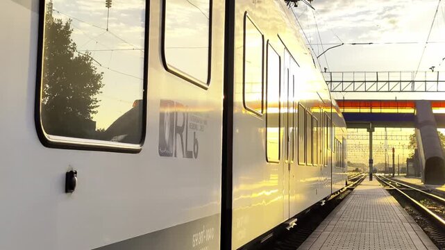 Modern train parked at railway station platform during golden hour, sun reflection on windows, empty tracks stretching into distance, infrastructure visible