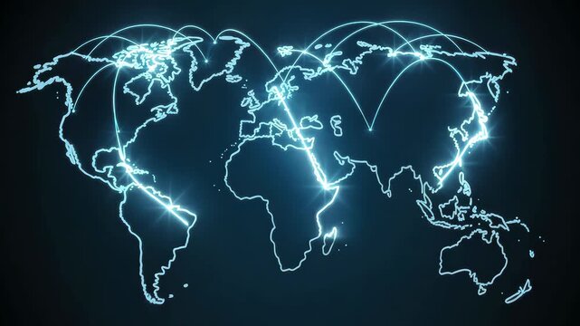 Glowing map with interconnected lines showing global connectivity and digital communication networks