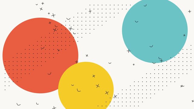 Geometric colorful circles motion graphic with floating doodle symbols and dotted patterns in a dynamic minimal 2d animation video footage