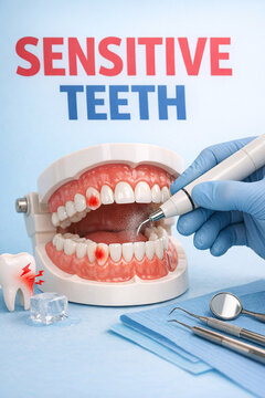 Dental model shows sensitive teeth with red marks. Hand holds tool near model's upper teeth. Ice cube and tooth icon nearby. Medical tools lie beside model. Blue background with bold text