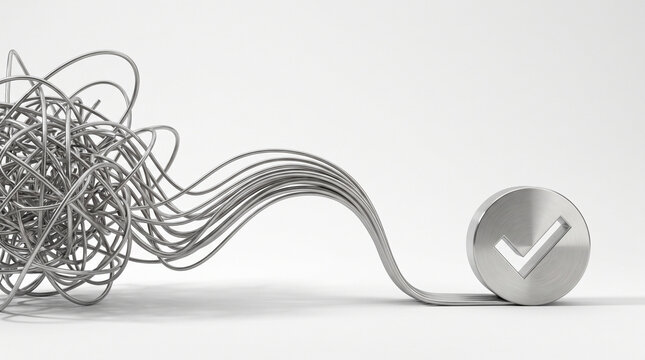 Business Process Optimization Concept With Tangled Wire And Check Mark Solution Symbol