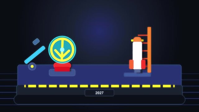 Children's toys: nuclear missile, start button, pacifist sign, loop 3d animation