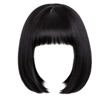 Sleek black bob hairstyle wig with bangs isolated on transparent background perfect for fashion and beauty concepts.