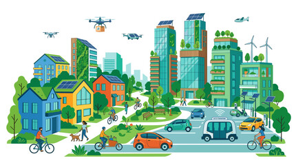 Obraz premium Futuristic green city skyline with autonomous vehicles, drones, and sustainable living.