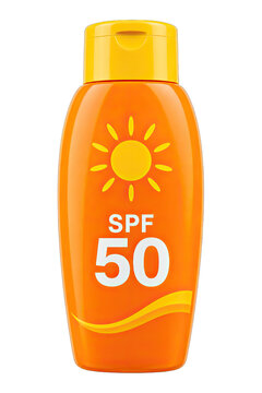Orange sunscreen bottle with spf 50 protection factor isolated on transparent background ready for summer skin care use.