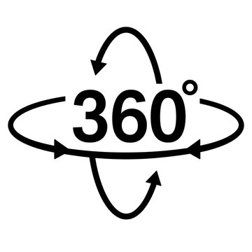 Black 360 degree rotation arrow line icon isolated transparent background for virtual reality panorama panoramic camera view and interactive interface concept.