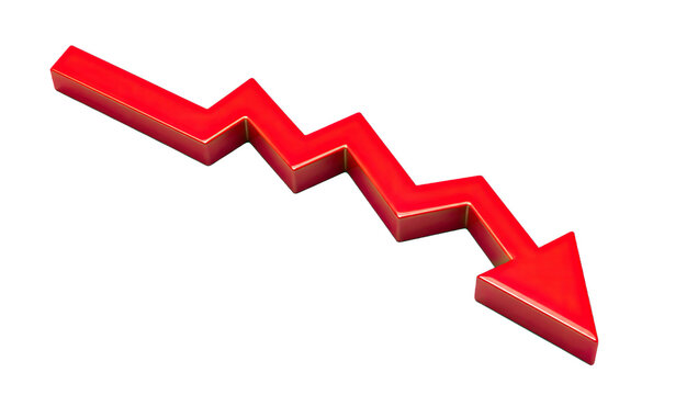 Red down trend arrow chart showing financial crisis loss economy drop isolated transparent background for business failure market crash presentation graphics.