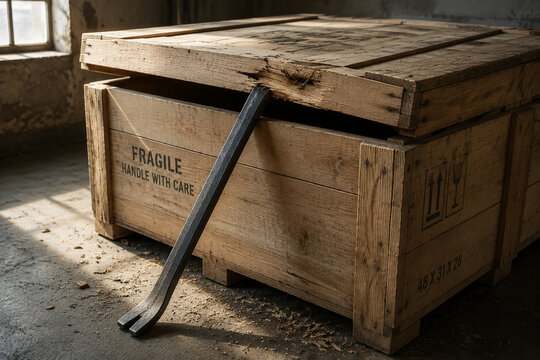Steel pry bar opening wooden shipping crate lid, tools and construction concept
