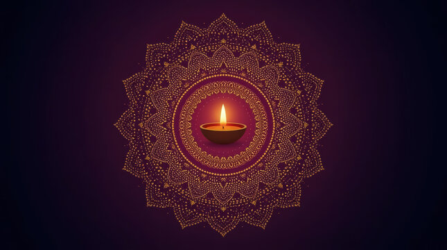 Golden mandala diya design glowing on dark purple background