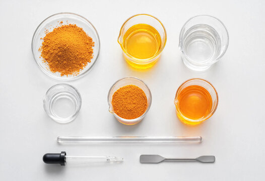 Methyl Orange pH Indicator Various Colors Solutions and Powder - Chemistry Laboratory Flat Lay Science Education Concept