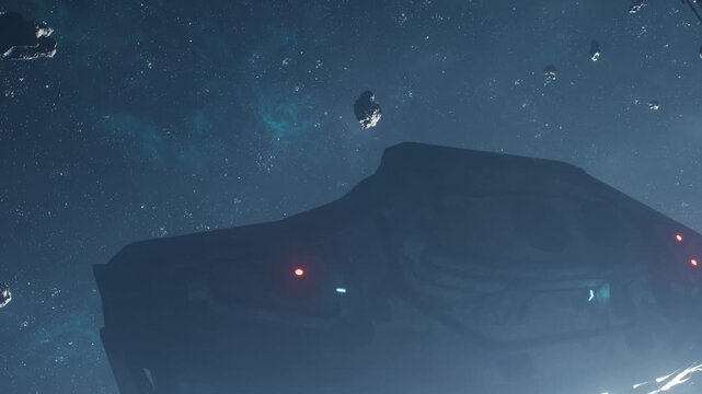 A spaceship moves among numerous asteroids in outer space. The view shows a deep dark sky filled with stars and floating rocks. The scene highlights the vastness of space.
