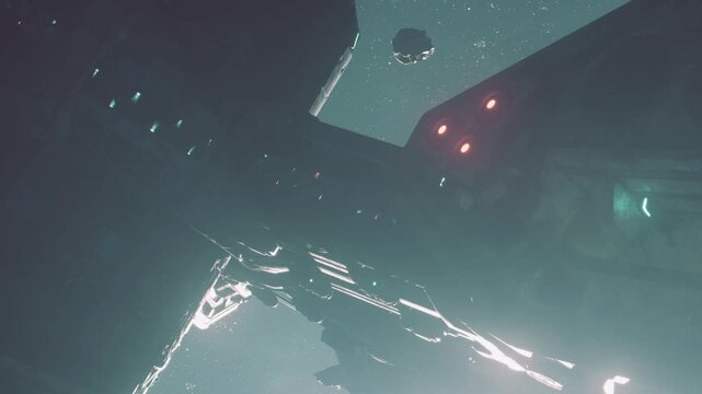 A large spacecraft moves through a dense area filled with asteroids. Light reflects off the metal surface of the ship. Stars fill the dark background of space.