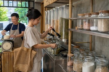 Fototapeta premium Southeast Asian shopper refilling mung beans in zero waste store