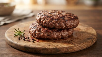 Fototapeta premium Juicy Grilled Beef Burger Patties on Wooden Board