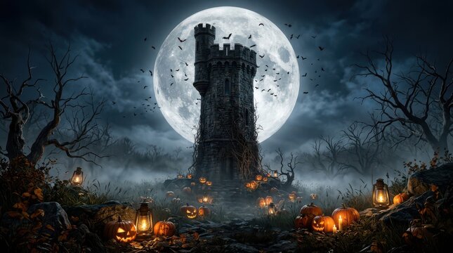 Old castle tower at night with full moon and glowing halloween pumpkins