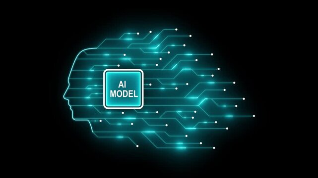 Ai model concept with glowing digital human head silhouette and neural network circuitry background, artificial intelligence