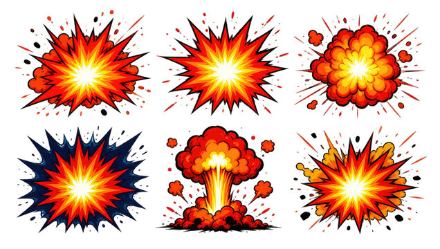 Set of comic book explosion effects with fiery red orange bursts and dark smoke clouds isolated on transparent background for cartoon action game design assets.