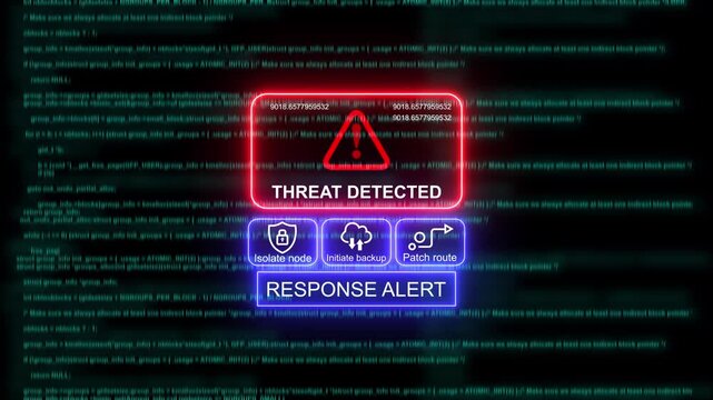 Cybersecurity threat detected alert interface with digital code background, data breach network security