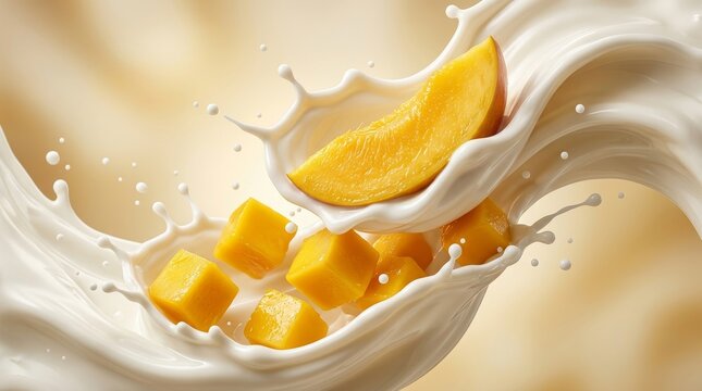 Fresh Mango Slices and Cubes Splashing in Creamy Milk