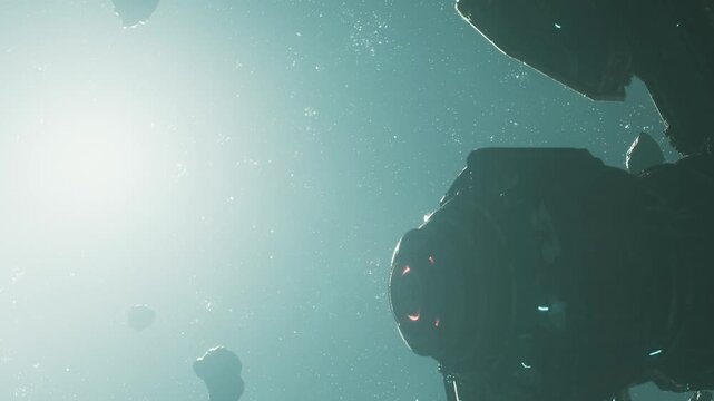 A spaceship moves through the vastness of space surrounded by asteroids. The bright light from a distant star illuminates the scene, creating a stark contrast with the dark space.