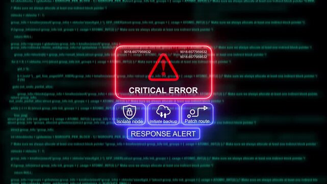 Critical system error alert with cyber security warning and digital code background, critical error system failure