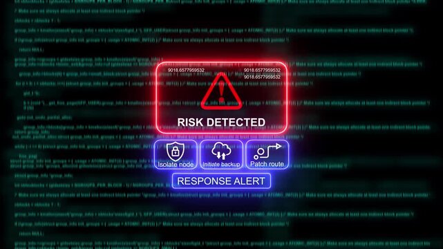 Cybersecurity risk detected alert interface with digital code background, for network security, and data protection concepts
