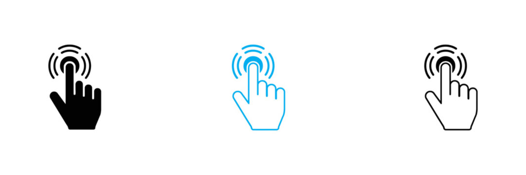 Hand Finger Touching Screen Click Pointer Icon Set in Black Solid Blue Cyan and Outline Style Touchscreen Gesture Symbols Isolated on White Background .