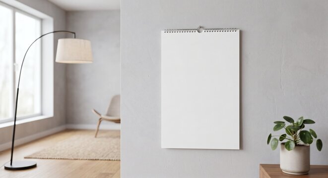 Photorealistic mockup of a blank white wall calendar hanging in a modern room