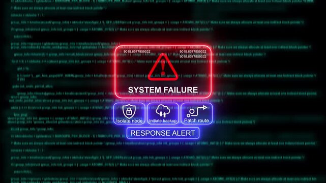 System failure alert hud overlay with digital code background, for cyber security, and tech error concepts