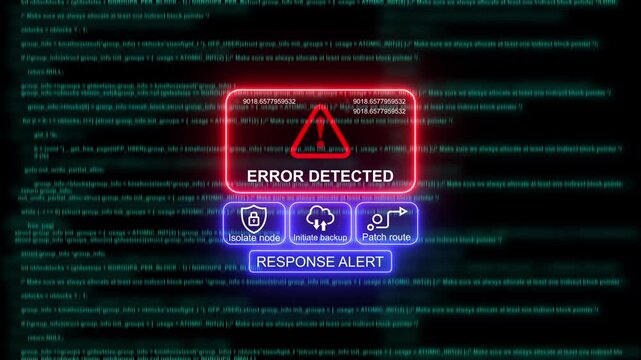 Cyber security error detected alert interface with digital code background, system alert digital interface