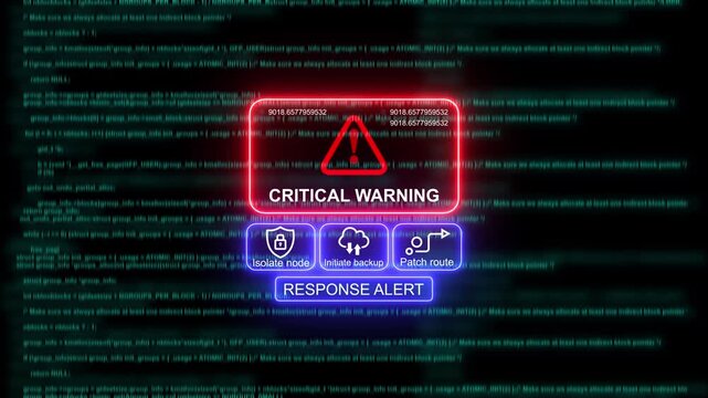 Critical system warning alert with cyber security breach interface and digital code background, critical warning