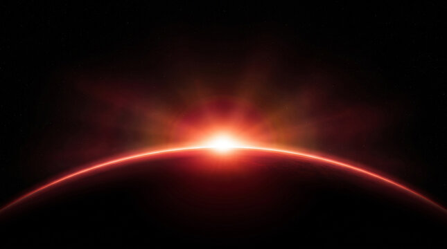 Dramatic red cosmic sunrise rising over glowing curved dark planet horizon with bright solar flare rays in deep outer space universe wallpaper background