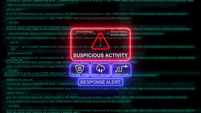 Cybersecurity suspicious activity alert interface with digital code background, for network threat, detection and data protection