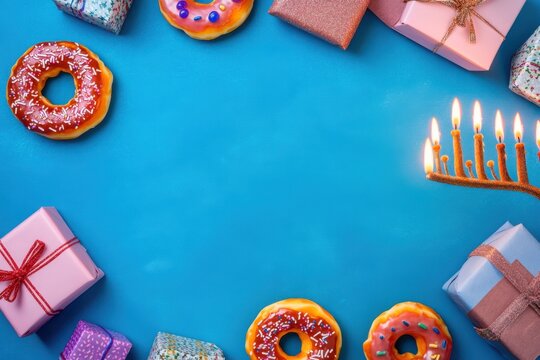 Hanukkah menorah with burning candles next to sweet glazed donuts and gifts on color background