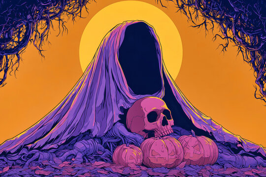 A ghost figure stands among carved pumpkins and a skull. The background shows dark trees and a large orange sun setting