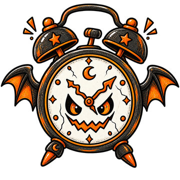 Halloween alarm clock with a jack o lantern face and bat wings vector illustration