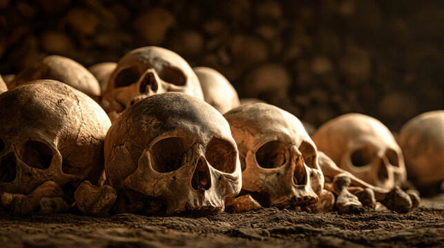 Many skulls are placed together in a dark area, ready for use in Halloween events and spooky festivities. This scene captures an eerie mood for the season