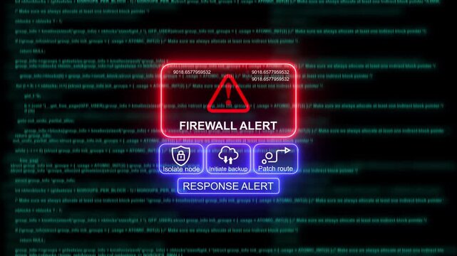 Cybersecurity firewall alert interface with digital code background, and system response, options digital security
