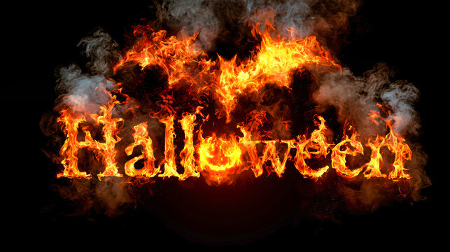 Flames shape the word Halloween with smoke around it, creating a spooky effect for a Halloween theme during the night
