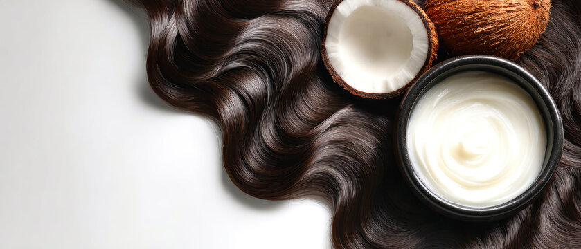 Wavy, long dark brown hair flows next to coconut oil in a black bowl with a half coconut on a clean white background. Space for text available
