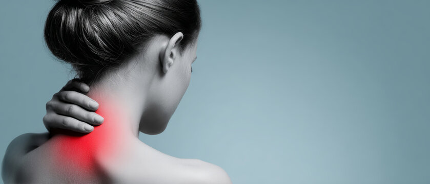 A woman stands with her back to the viewer, holding her neck with one hand. Red indicates a spot on her neck where she feels pain