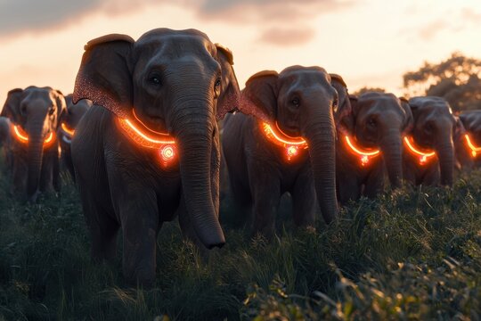 A herd of elephants wearing glowing neon collars walking in dark field