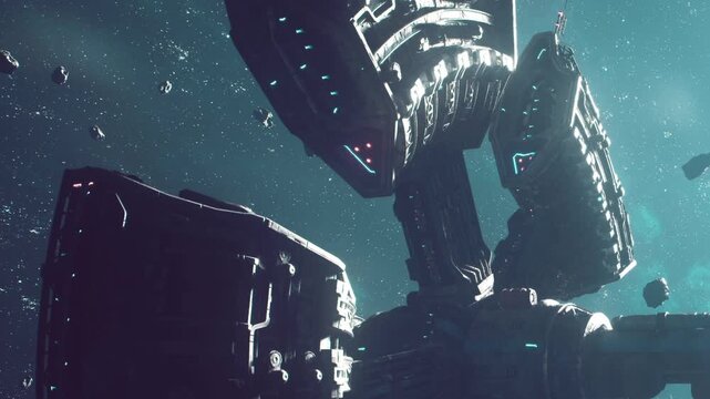 A large space station is shown in a galaxy filled with stars and floating asteroids. The structure has unique designs and bright lights. The scene appears dramatic and vast.