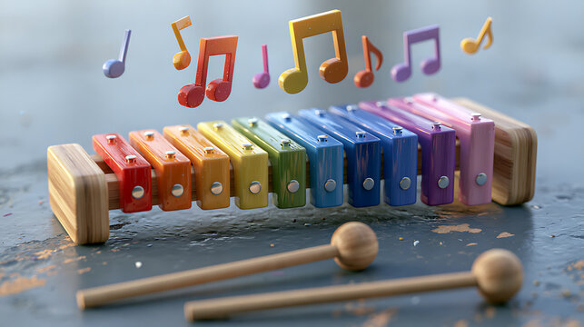 Colorful xylophone toy with wooden mallets and floating musical notes