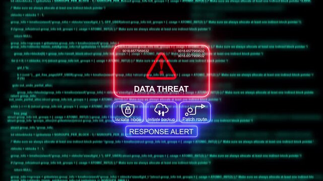 Cyber security data threat alert interface with digital code background, and emergency response options