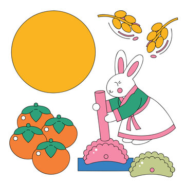 Cute Korean Rabbit Hakjae Set. Chuseok Decor Ornaments. Persimmons, Rice, Mooncake. Traditional Korean Harvest Festival. Autumn Season Illustration. Flat Vector Graphics.