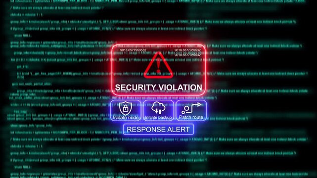 Cyber security violation alert interface with digital code background, and system response, options data breach